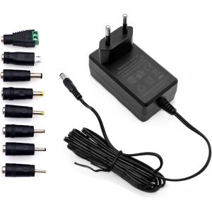 Alimentation 12 Volt 2 A, Adaptateur 12 V 2 A, AC 220 V vers DC 12V, Sortie 500 mA 1000 mA 1500 mA 2000 mA, Remplacement pour Chargeur Mural avec 8 adaptateurs de Prise DC - Neuf