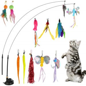 Lot De 15 Jouets Interactifs Pour Chat Avec Clochettes,Jouets De Pêche Pour Chat Avec Base Ventouse,Plume,Souris,Jouet De Pêche Pour Petits Grands Chats - Neuf