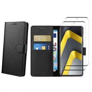 Coque pour Xiaomi Poco M8 5G et 2 Verres Tremp&eacute; - Portefeuille Noir Rabat Clapet Aimant&eacute; Rangement Cartes Phonillico&reg; - Neuf