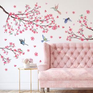 ERYI-Stickers Muraux Oiseaux Fleurs De Cerisier, Réaliste Stickers Muraux Fleurs Roses Décoration, Murale Chambre À Coucher Salon Canapé Fond Tv, Papier Peint Végétal Rose Autocollant - Neuf