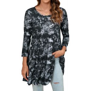 Utigh-Tunique Femme Longue Grande Taille À Manches 3/4 Chic Et Élégante Chemisier Haut Ample À Motifs Couleur Unie Col Rond T-Shirts Blouses - Neuf
