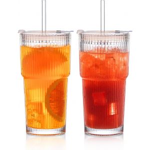 Lot De 2 Gobelets En Verre Côtelé De 600 Ml Avec Couvercles Et Pailles En Verre, Tasses À Café Anti-Fuite, Tasses À Café Glacé, Gobelets En Verre Avec Paille Et Couvercle Pour Café Glacé, - Neuf