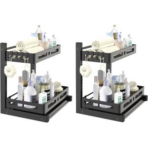 Chenquansarl-Rangement Sous Évier En Métal, Organisateur Sous Evier Tiroir Coulissant À Extraction 2 Étages Forme En L, Multifonctionnelle Pour Cuisine, 40x28x42cm, Noir, Paquet De 2 - Neuf