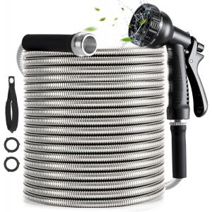 Ulteronixshop-Tuyau d'Arrosage Extensible 15m en Acier Inoxydable Flexible, Enrouleur avec 10 Mod&egrave;les de Pulv&eacute;risation, Id&eacute;al pour Jardin, Arrosage, Nettoyage et Lavage de Voiture - Neuf