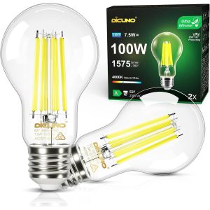 Kalanka-Ampoule Led E27 Classe A Ultra Efficient, 7.5w &iquest;&iquest;Quivalent 100w, 1575lm, Blanc Neutre 4000k, Ampoule E27 Filament Vintage Edison, Led Basse Consommation, Angle 360&iexcl;&Atilde;, Verre Clair, Lot De 2 - Neuf