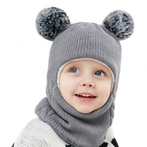 Ensemble Bonnet Et Echarpe D'hiver Pour Enfants, Bonnet Tricote, Cache-Oreilles, Doublure Polaire Epaisse, Bonnet Chaud A Capuche Avec Pompons Pour Filles Et Garcons - Neuf