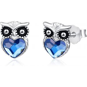 Kal-Boucles D'oreilles Hibou 925 En Argent Sterling Coeur Bleu Cristal Clous Pour Femmes Bijoux Animaux Boucles D'oreilles Hibou Cadeau D'anniversaire Pour Enfants Filles Cadeau De F&ecirc;te Des M&egrave;res - Neuf