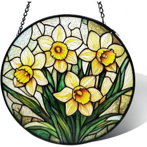 NouvelHorizonstore-Attrape-soleil en vitrail &agrave; suspendre - Motif jonquille - Panneau de verre color&eacute; - Plantes vertes - D&eacute;coration pour anniversaire pour femme, homme, &eacute;pouse, amoureuse et maman - 16 - Neuf