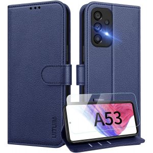 JGD-Coque pour Samsung Galaxy A53 5G Coque Etui Portefeuille Cuir avec Verre Tremp&eacute; Protection &Eacute;cran Porte Carte Rabat Clapet Flip Case &Eacute;tui Cover Housse Etui pour Samsung Galaxy A53 5G,Bleu - Neuf