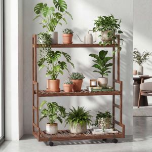 &Eacute;tag&egrave;re &Agrave; Plantes En Bambou Hwc-Q33, &Eacute;tag&egrave;re En Escalier Pour Fleurs, 3 Niveaux, Roulettes, 105 X 90 X 38 CmMarron - Neuf