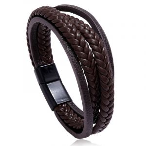 Homme Cuir Véritable Bracelet Et Acier Inoxydable Bracelet Multi Tissé Réglable Noir Ou Marron Cuir Bracelet Pour Les Hommes - Neuf