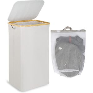 Panier à linge de 110 litres avec pochette en filet et couvercle (beige), poignée en bambou, panier à linge pliable XXL - Neuf