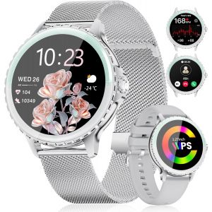 Montre Connect&eacute;e Pour Femme, Montre D'Activit&eacute; Avec Surveillance Du Sommeil/Spo2/Activit&eacute;/Rythme Cardiaque, Compatible Android Et Ios(Appels/Messages),120+ Modes Sportifs,160+ Cadrans,2 Bracelets - Neuf