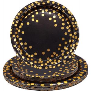 Kalanka-Noire Or Assiette Jetable Anniversaire, 7'' 9'' Papier Assiette Vaisselle Jetable Plateau Pour Decoration Anniversaire Fille Garçon Hommes Femmes, Bbq Party Mariages Camping 16pcs/Taille - Neuf