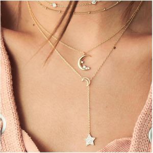 Kal-Boho Layered Crescent Moon Collier Or Cz Star Y Lariat Collier Vintage Cristal Lune Pendentif Collier Strass Star Y Collier Ras Du Cou Bijoux Pour Femmes Et Filles - Neuf