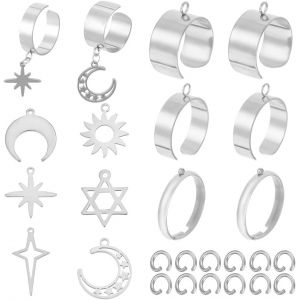 Kal-1 Boîte 6 Ensembles 32 Pièces Bague Réglable Avec Breloque Ensemble De Bagues De Mode 18mm Argent Acier Inoxydable Étoiles Soleil Lune Bague Pour La Fabrication De Bijoux Bagues Accessoires - Neuf