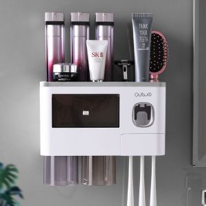 Distributeur automatique de dentifrice mural pour salle de bain (gris, 2 gobelets), 6 emplacements pour brosses à dents et tiroir de rangement pour cosmétiques - Neuf