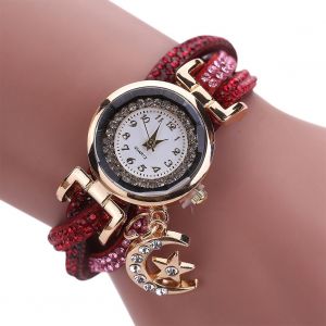 Montre-Bracelet A Quartz Multicouches Pour Femme, Avec Pendentif Lune Et Etoile (Rouge) - Neuf