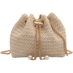 TZF-Sac a Main Femme Pochette en Paille Tiss&eacute;e Plage d'&Eacute;t&eacute; Embrayage Soir&eacute;e Sacs &agrave; Bandouli&egrave;re avec Cha&icirc;ne M&eacute;tal pour F&ecirc;te Mariage Vacances Boule - Neuf