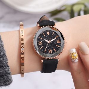 Montre-Bracelet A Quartz Pour Femme, Bracelet En Pu, Chiffres Romains, Cadran Rond, Noir - Neuf