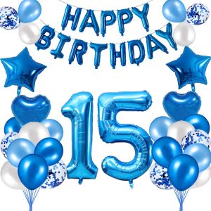 ChicSlick-Décoration D'Anniversaire 15 Ans Pour Garçon - Bleu - Guirlande Happy Birthday - Bannière - Ballon En Aluminium - Décoration D'Anniversaire Pour Salon - Ballons Chiffre 15 - Bleu[X2281] - Neuf