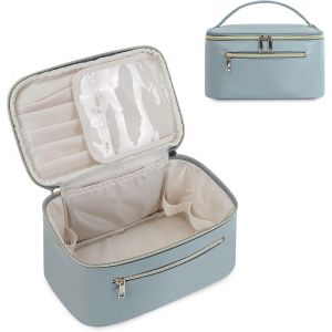 MAA-Trousse de Maquillage Femme Sac de Makeup Grande Capacité avec Sac à Brosse en Cuir Végétalien écologique Tissu Déperlant pour Un Voyage de Nuit, Gris Bleu Brevet en Instance - Neuf