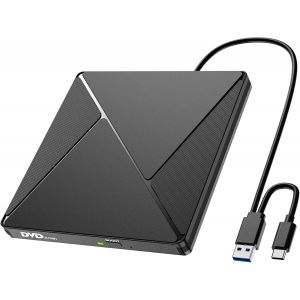 Lecteur CD/DVD Externe pour PC, USB 3.0 et USB-C Graveur DVD Externe Optique Portable CD/DVD -/+RW Drive, Mince DVD Player Transmission Rapide Câble USB Intégrée pour Windows/MacOS/Laptop/Desktops - Neuf