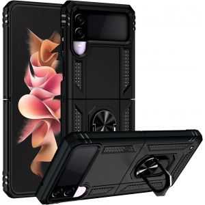 Kal-Coque Pour Samsung Galaxy Z Flip4 5g, Etui Protection Tpu/Pc Souple Durable Avec Support De 360° Rotation Anneau Antichoc Armor Box Coque, Noir - Neuf