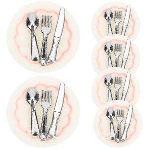 6 ensembles de vaisselle miniature pour maison de poup&eacute;e : assiettes, fourchettes, cuill&egrave;res et emporte-pi&egrave;ces &iquest; Accessoires en r&eacute;sine et alliage - Neuf
