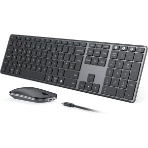 Wirelees Ensemble Clavier Et Souris Bluetooth Rechargeables, Multi-Appareils, Souris Et Clavier Sans Fil Ultra Fin, Compatible Avec Windows, Mac Os, Ipad, Qwerty Britannique, Noir Et Gris - Neuf