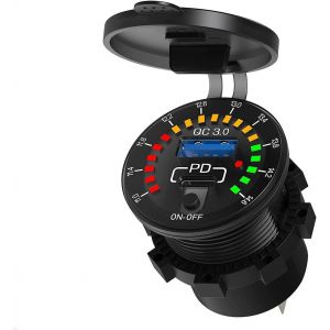 MEVRONISSHOP-Prise de voiture USB chargeur de charge rapide QC3.0 + PD + voltm&egrave;tre avec interrupteur pour v&eacute;hicules 12V/24V voiture bateau moto SUV bus camion caravane marine - Neuf