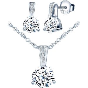 Meimie-Collier Zircon Et Boucles D'oreilles Zircon Pour Femme Et Fille,Bijoux Parures De Diamant En Argent 925,Collier Solitaire À Trois Griffes,Clou D'oreille Solitaire À Trois Griffes - Neuf