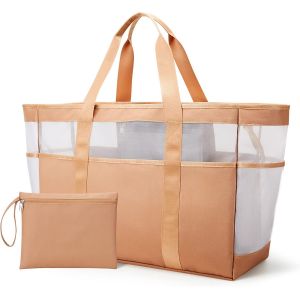 TZF-KALIDI Sac de plage XXL en maille avec fermeture &eacute;clair pour femme, grand sac de bain, sac de plage, sac de courses pour les voyages, le shopping et la vie quotidienne - Neuf