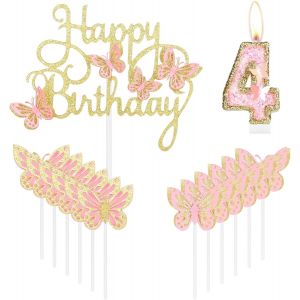 Trahoo-Décoration De Gâteau D'anniversaire En Forme De Papillon Pour 4e Anniversaire De Fille, Papillon Rose Et Doré, Pour Fête Sur Le Thème Des Papillons - Neuf