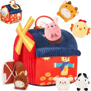 ChenQuanSarl-Jouet Bebe 6 Mois Animaux De La Ferme En Peluche,Grange Fermi&egrave;re Sensorielle Avec Peluches Animaux, Sonnette & Miroir,Montessori Eveil 0-6 Mois, Montessori Jouet Sensoriel - Neuf