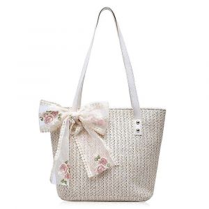 Grand sac cabas de plage en paille pour femme, sac d'ete tisse a la main, sac bandouliere avec anse en cuir, sac a main de plage avec joli noeud en dentelle, petit modele (blanc) - Neuf
