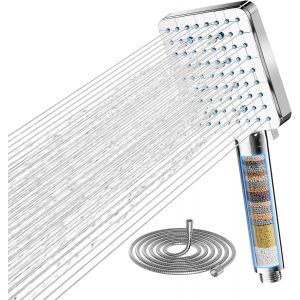 Pommeau de douche avec filtre pour eau dure douchette haute pression pommeau carr&eacute; avec filtre 20 couches 6 jets &eacute;limine le chlore et les m&eacute;taux lourds chrom&eacute; - Neuf