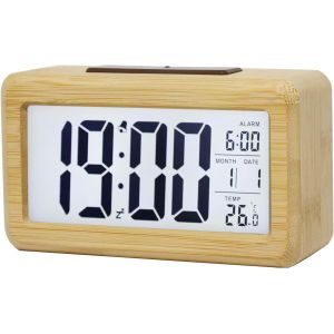 Réveil numérique en bois, grand écran LED, veilleuse à capteur intelligent, fonction répétition et température, fonctionne sur piles, réveil cubique pour chambre à coucher, bureau, chevet (bambou) - Neuf