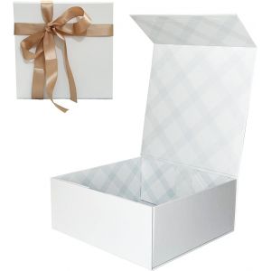 TIANYI-Bo&icirc;te Cadeau Blanc 22x22x10cm, Bo&icirc;te Cadeau Haut de Gamme avec Couvercle Magn&eacute;tique et Ruban pour Emballage Cadeau de Vacances, Mariage, Anniversaire, Doublure &agrave; Carreaux - Neuf