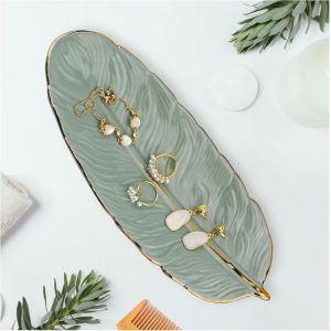JEXNOVASHOP-Coupelle Bijoux en C&eacute;ramique, D&eacute;coratif Plateau Bijoux, Plateau a Bijoux en Forme de Plume, Decorative Bowl Jewellery, Vide Poche Entree pour Anneaux, Colliers, Bracelets (Vert) - Neuf