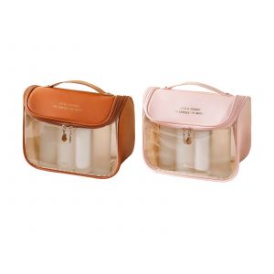 Trousse de maquillage et de toilette transparente avec crochet - Marron et rose - Neuf