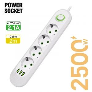 Câble De 2M,Prise Ue,Multiprise Avec 3 Prises Usb,Filtre Réseau,Broches Rondes,Ports De Sortie Ca,Rallonge,Adaptateur De Charge Électrique.White 4 Ports.Ue Plug - Neuf