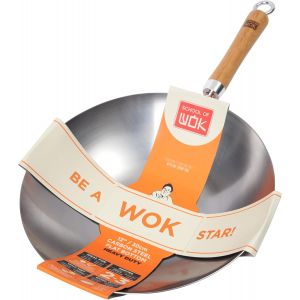 Jexnovashop-Wok Robuste En Acier Carbone De 30 Cm, Fond Plat, Poign&eacute;e En Bambou - Neuf