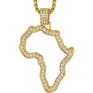 KAL-Collier Afrique Personnalisable,Pendentif Carte D`Afrique Avec Pays/Elephant/Lion Plaqu&eacute; Or/Noir/Acier Inoxydable + Cha&icirc;ne 55+5Cm,Bijoux Africain Fantaisie Cadeau Original Pour Femme Homme - Neuf