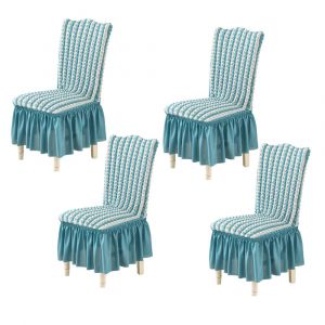 Lot de 4 housses de chaise en seersucker avec jupe en dentelle - Bleues, amovibles et lavables, conviennent &agrave; diff&eacute;rentes tailles de chaises - Neuf