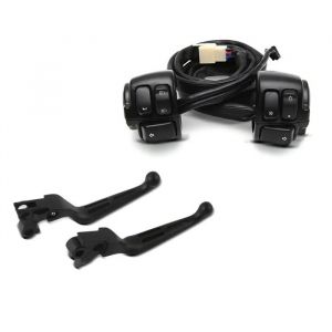 Commandes De Guidon Compatible Avec Harley Davidson Dyna Sportster Softail V-Rod 96-13 Noir + Set De Levier Frein Embrayage Stripe - Neuf