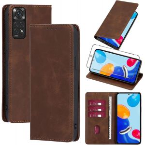 acdsgd-Coque Cuir pour Xiaomi Redmi Note 11/Note 11S 4G 6.43"" avec 1 Verre Tremp&eacute; Etui &agrave; Rabat en PU Porte-Cartes Portefeuille Support Flip Housse Magn&eacute;tique Antichoc Anti-Rayures Case,Marron - Neuf