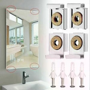 4pcs salle de bain miroir verre Tenture murale kit de fixation sans cadre clips de montage cintre pince chrome supports muraux pinces - Neuf