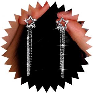 Kal-Boucles D'oreilles Étoile En Cz Boucles D'oreilles Étoile Creuse En Strass Boucles D'oreilles Étoile En Cristal Boucles D'oreilles Longue Chaîne Boucles D'oreilles Étoiles En Strass D'oreilles - Neuf