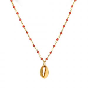 Collier Chaine En Argent Dor&eacute; Avec Pierres Naturelles Onyx Rouge Et Coquillage - Neuf